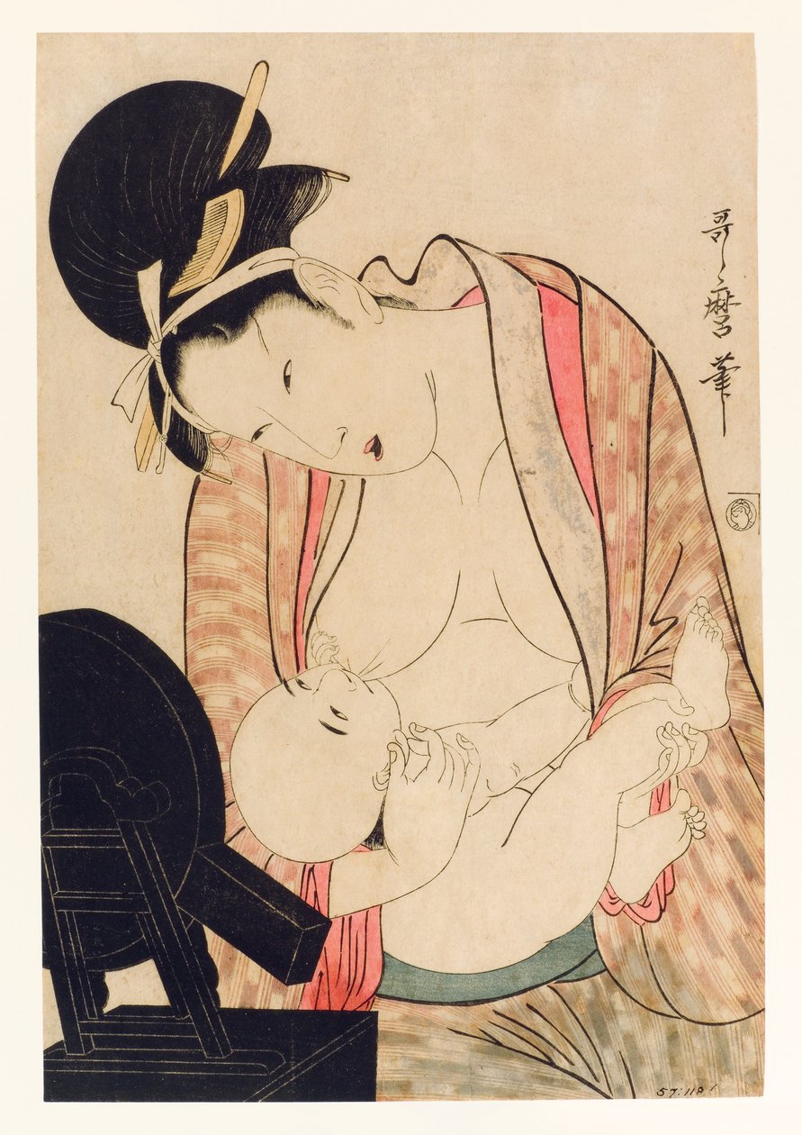 Matka karmiąca dziecko przed lustrem, ok. 1800-04 (drewno) autorstwa Kitagawa Utamaro