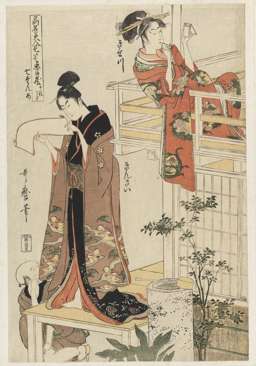 P.354-1945 Scena 7, Porównanie sławnych piękności i lojalnej ligi, ok. 1797 (kolorowy drzeworyt) autorstwa Kitagawa Utamaro