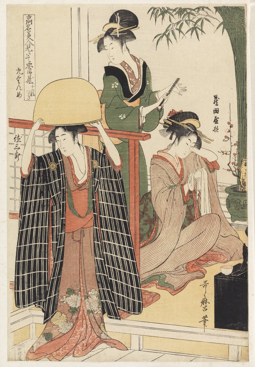 P.356-1945 Scena 9, Porównanie sławnych piękności i lojalnej ligi, ok. 1797 (kolorowy drzeworyt) autorstwa Kitagawa Utamaro