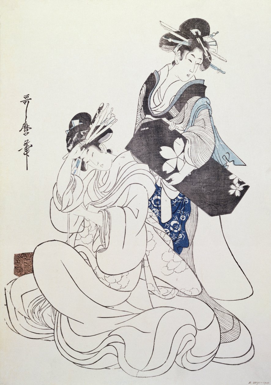 Dwie postacie kobiece (kolorowy drzeworyt, 6 blok) autorstwa Kitagawa Utamaro