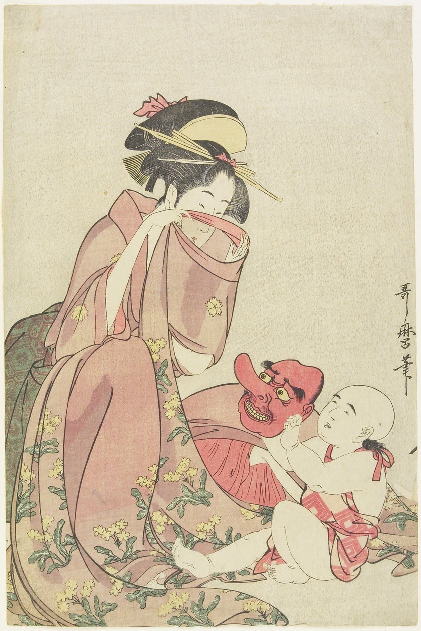 Kobieta bawiąca się z dzieckiem w masce Tengu, 1795-1802 autorstwa Kitagawa Utamaro