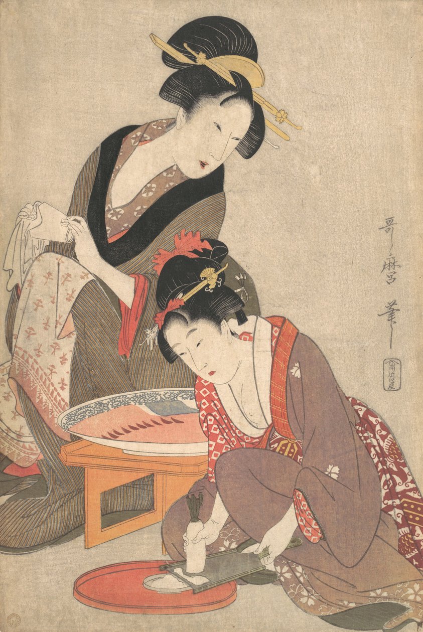 Kobieta przygotowująca sashimi, ok. 1806 r. autorstwa Kitagawa Utamaro