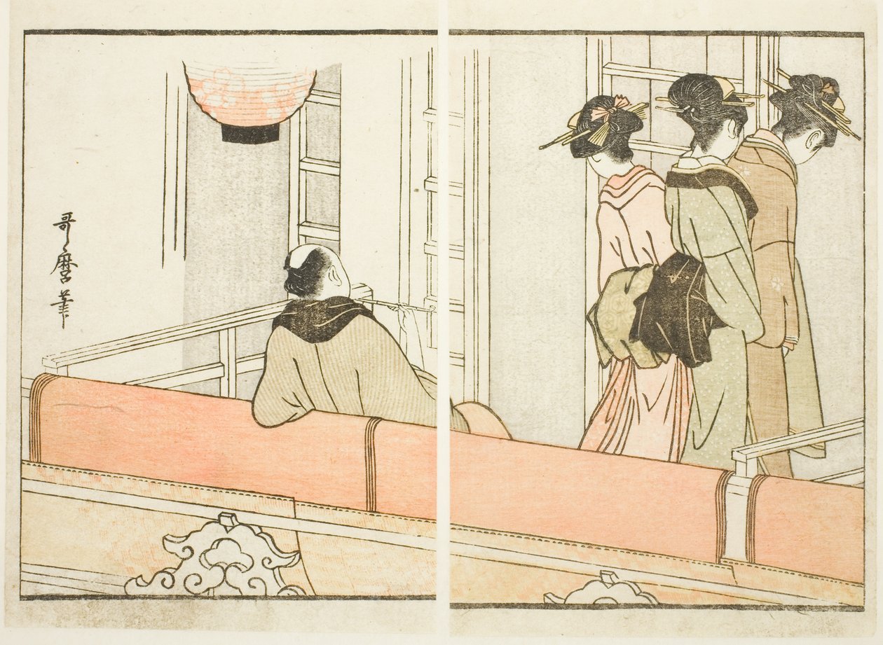 Loża w teatrze Kabuki, z ilustrowanej książki "Przewodnik po garderobach aktorów (Yakusha gakuya tsu)". autorstwa Kitagawa Utamaro