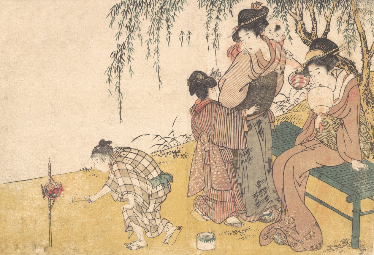 Dziecko zapalające fajerwerki, z ilustrowanej książki Kwiaty czterech pór roku, 1801. autorstwa Kitagawa Utamaro