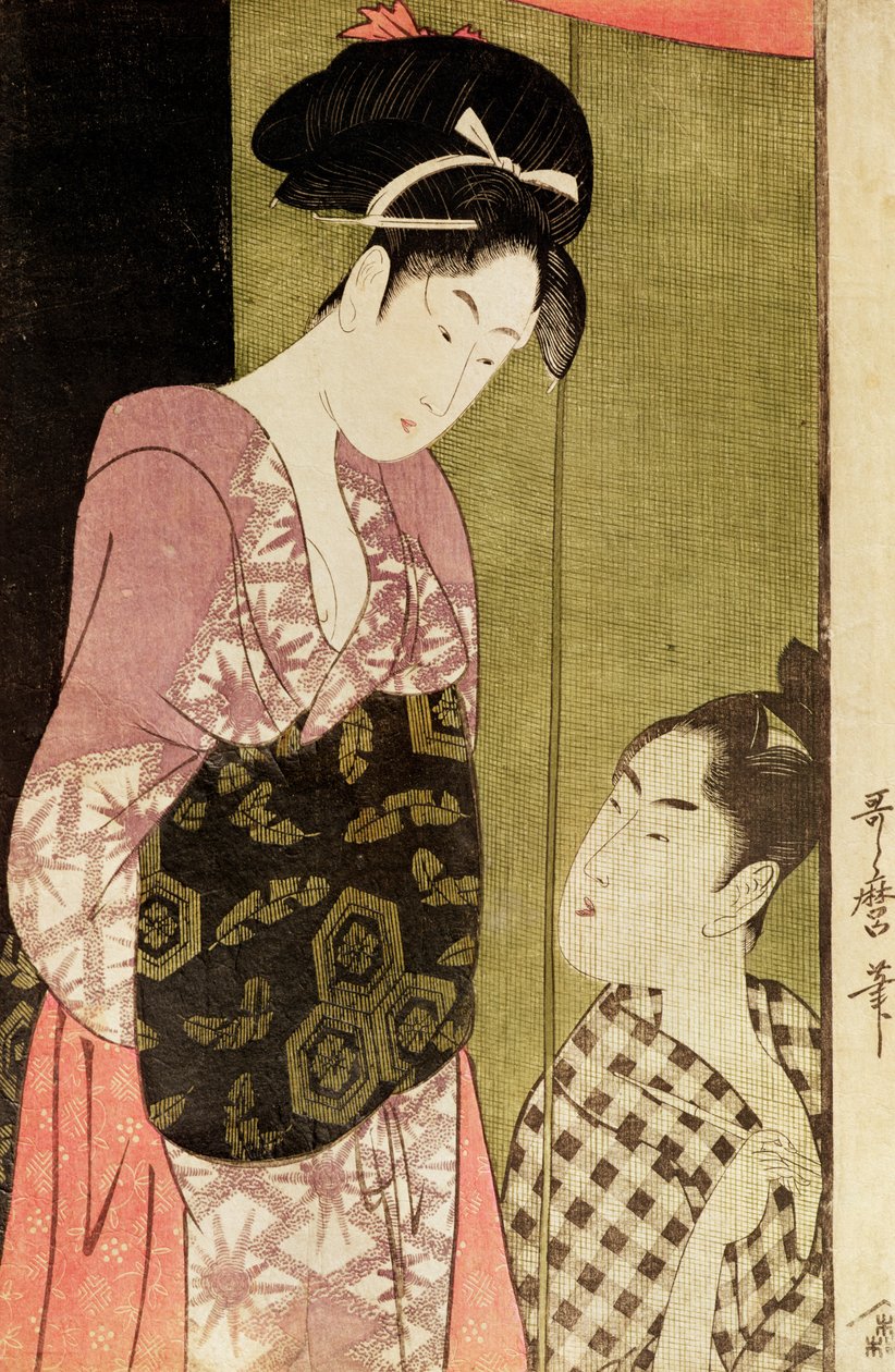 Mężczyzna malujący kobietę (drewnodruk) autorstwa Kitagawa Utamaro