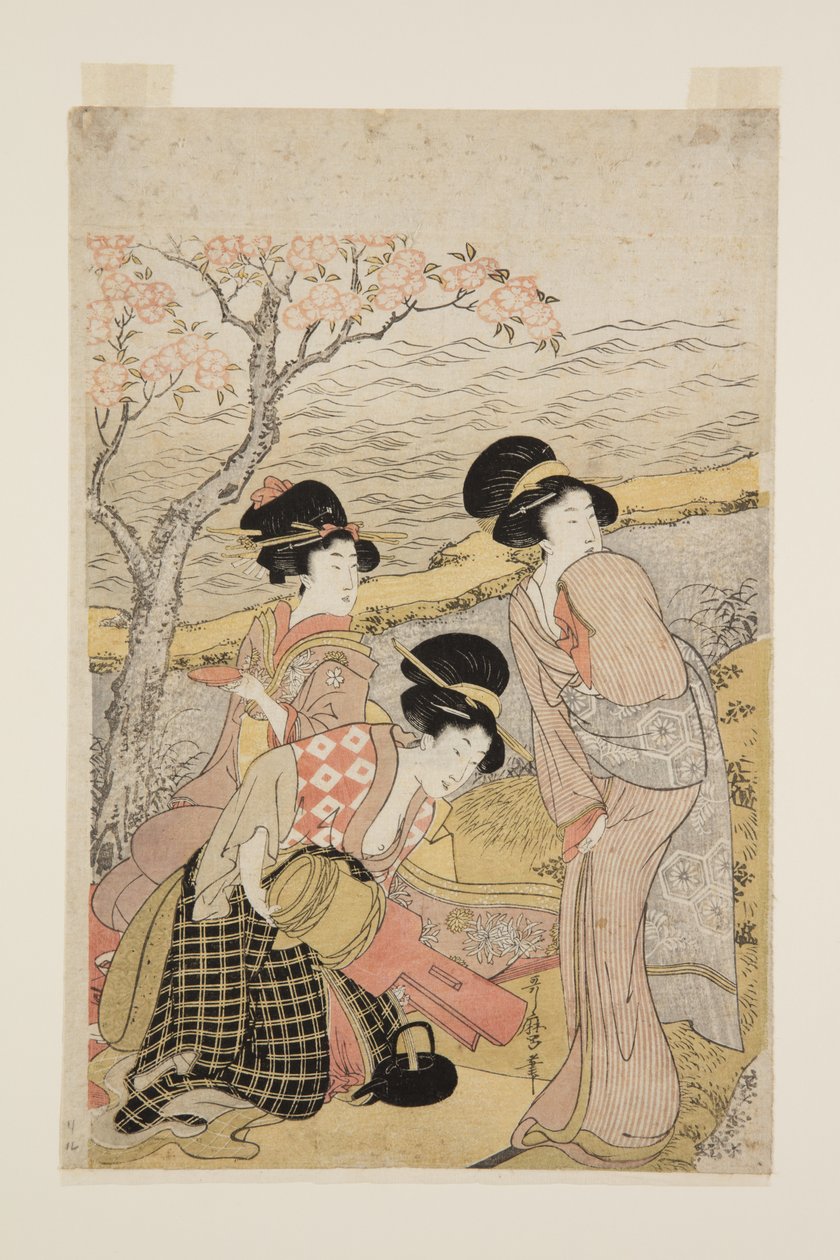 A sake Party nad morzem (kolorowy drzeworyt) autorstwa Kitagawa Utamaro