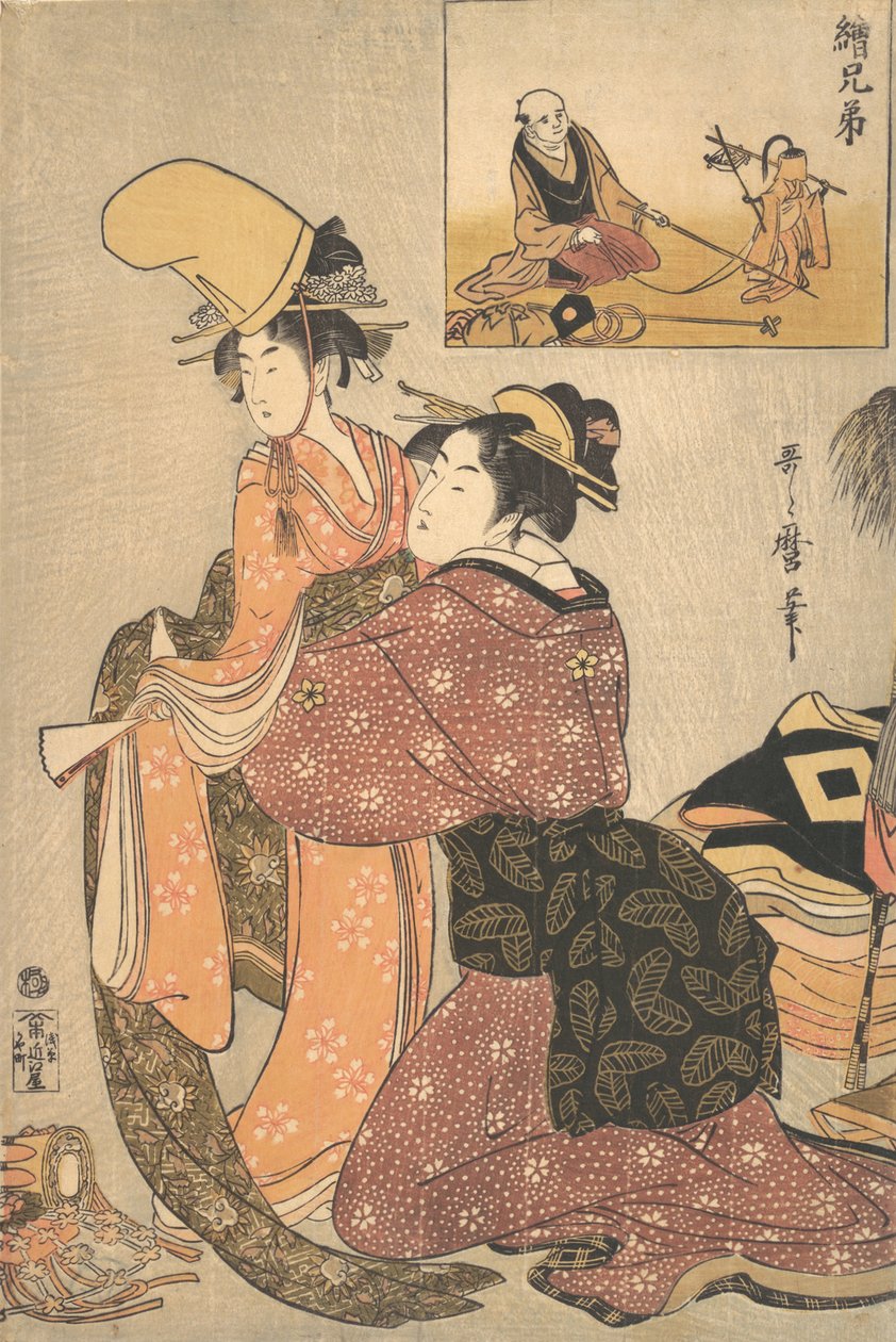 Kobieta ubierająca dziewczynę do tańca kabuki „Musume Dojoji..., ca. 1795-96. autorstwa Kitagawa Utamaro