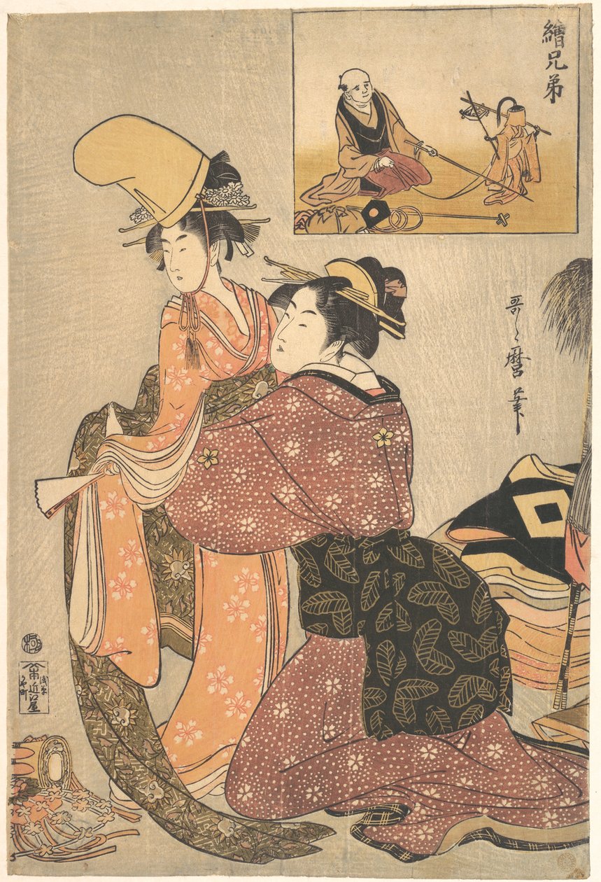 Kobieta ubierająca dziewczynę do tańca kabuki „Musume Dōjōji”, z „bratnim obrazem” (E-kyōdai) tresera małp autorstwa Kitagawa Utamaro
