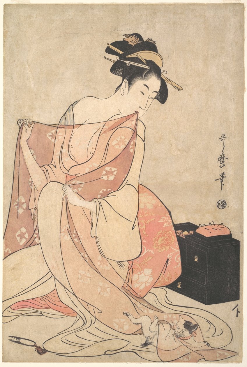 Kobieta i kot autorstwa Kitagawa Utamaro
