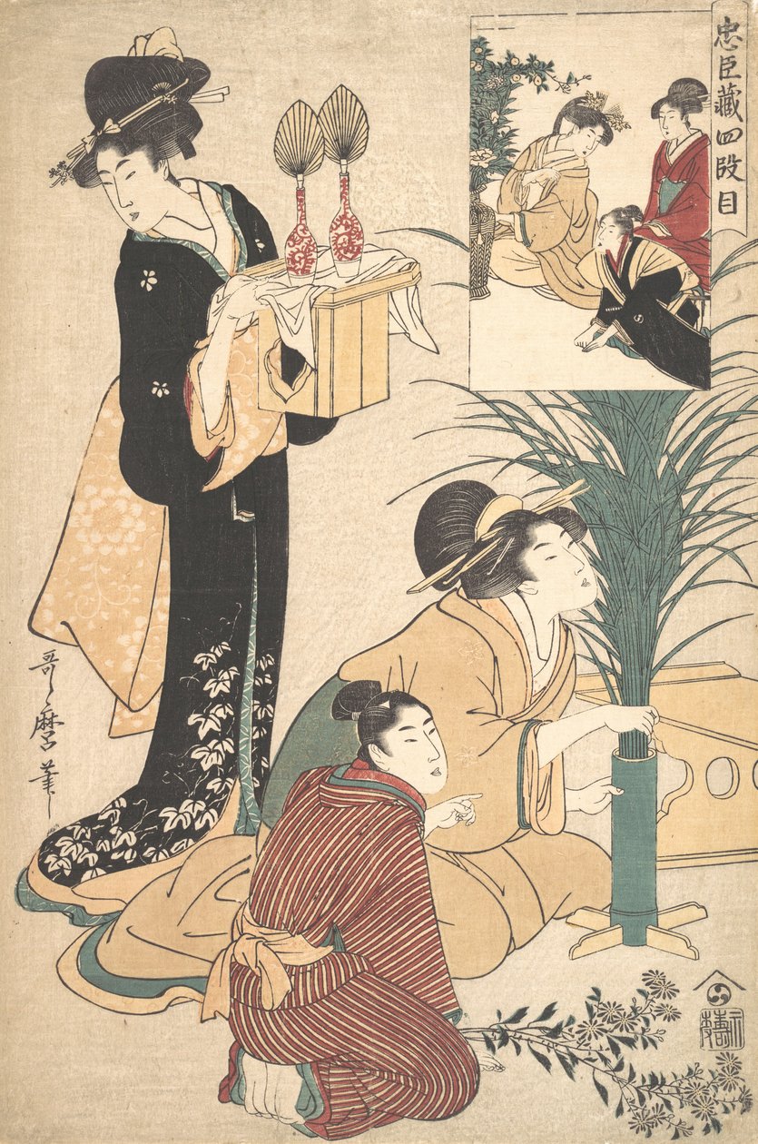 Kobieta i mężczyzna układają kwiaty na Święto Księżyca Tsukimi, 1802. autorstwa Kitagawa Utamaro