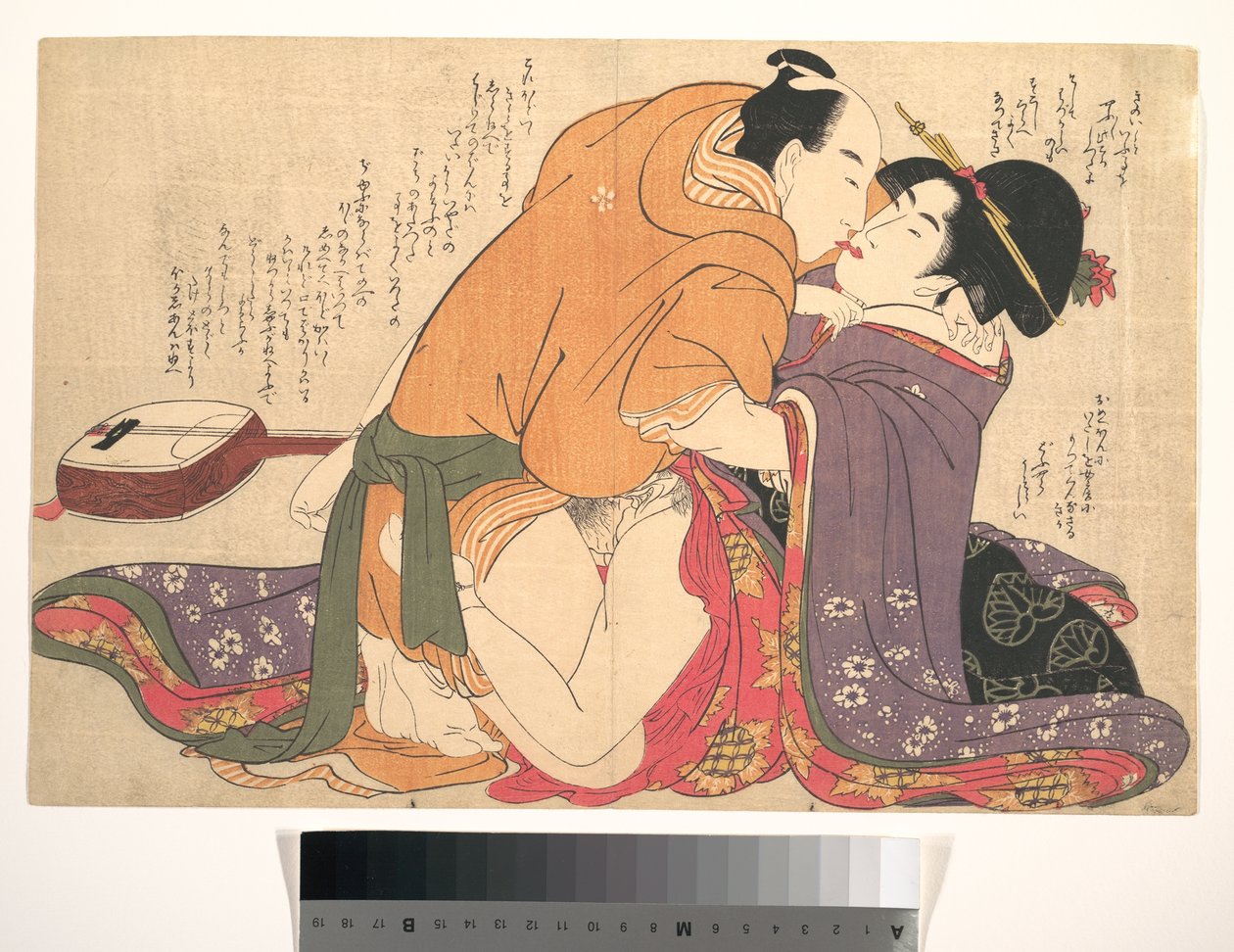 Para kochająca się przy szamiszenie, ilustracja z książki „Rozplątując nici pożądania” (Negai no ito-guchi) autorstwa Kitagawa Utamaro