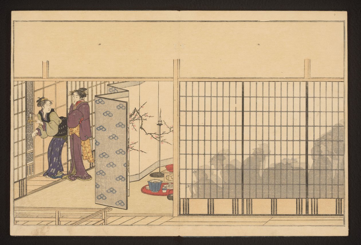 Impreza w domu z dwiema kobietami po lewej autorstwa Kitagawa Utamaro