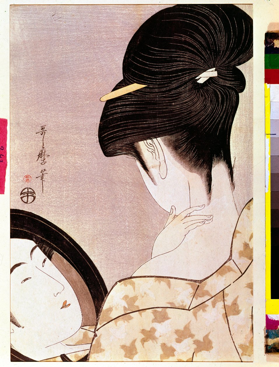 Kobieta zasilająca szyję cieniem Japońska grafika Utamaro Kitagawa (1753-1806) - Słońce 0,37x0,22 m - 1795-1796 - Paryż, Musee Guimet, Musee national des Arts Asians autorstwa Kitagawa Utamaro
