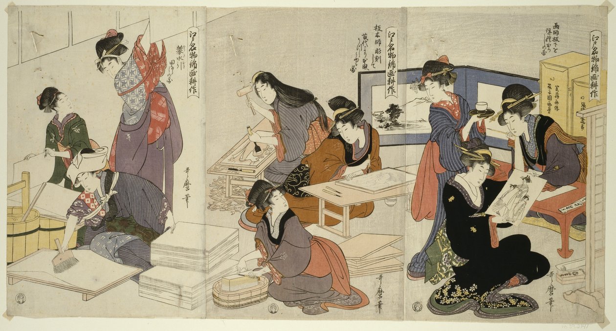 Artysta, Rzeźbiarz bloków, Stosowanie klejonki, z cyklu Uprawa druków brokatowych, Słynny produkt Edo, ok. 1803 autorstwa Kitagawa Utamaro