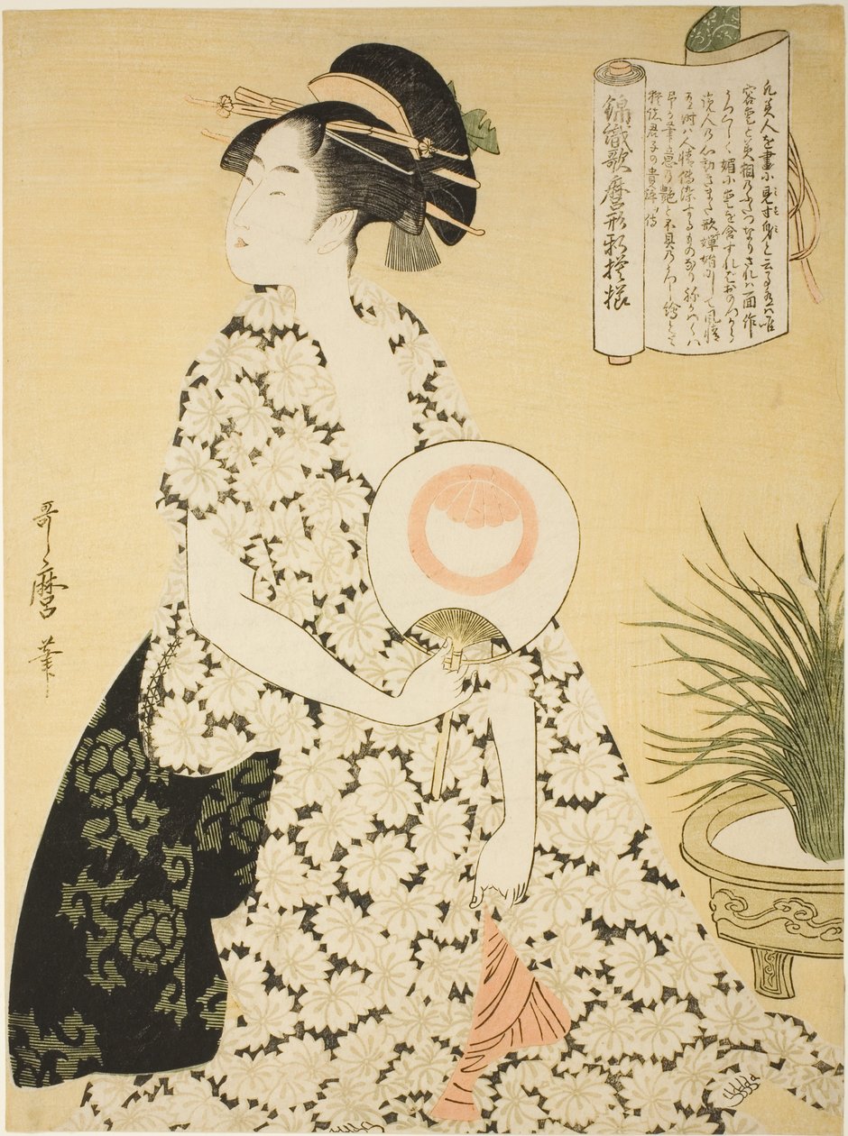Piękna ubrana w letnie kimono, z serii „Nowe wzory brokatu tkanego w stylu Utamaro” („Nishiki-ori Utamaro-gata-shinmoyo”) autorstwa Kitagawa Utamaro