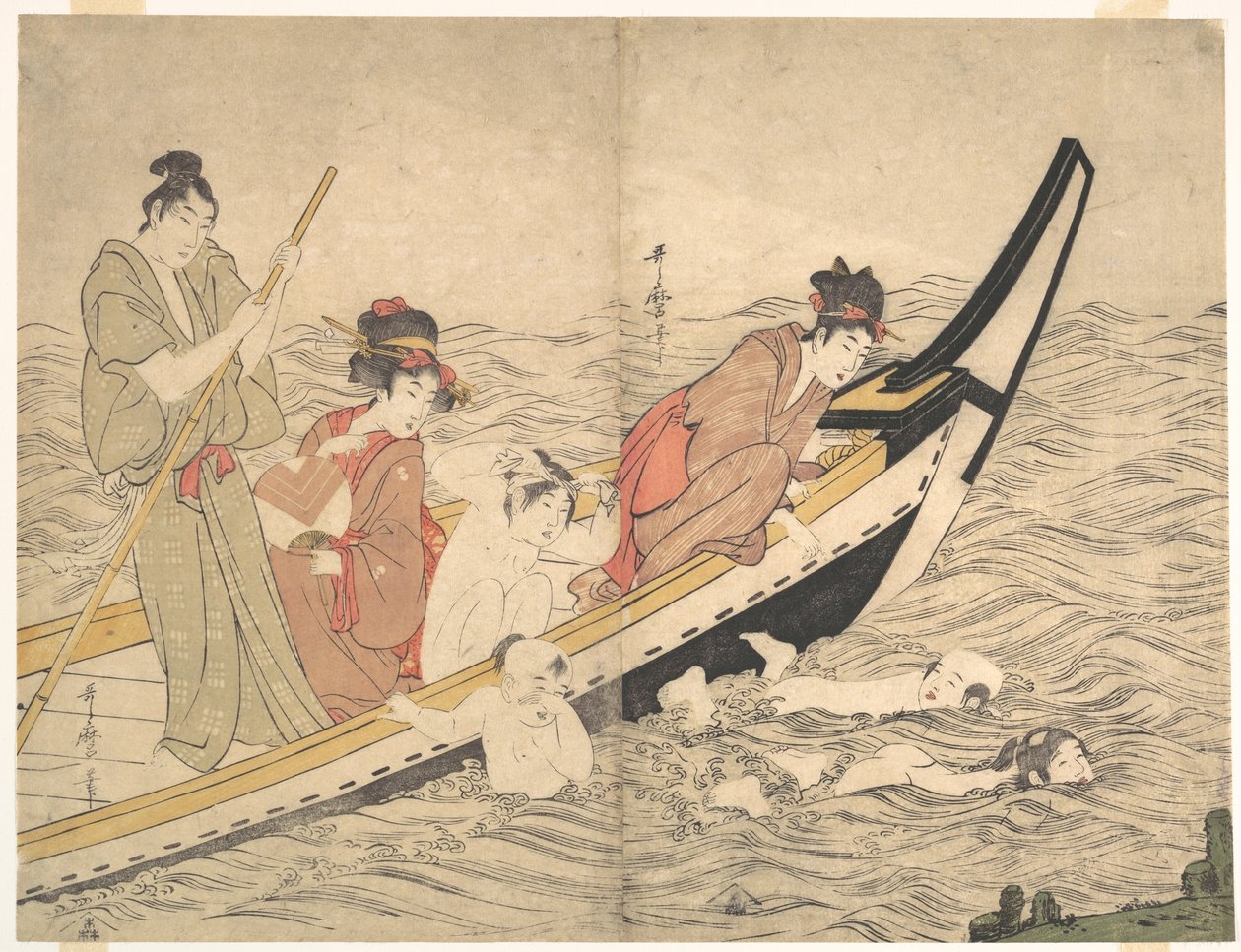 Wycieczka łodzią z pływającymi dziećmi autorstwa Kitagawa Utamaro