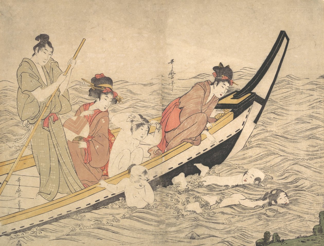 Impreza na łódce z pływającymi dziećmi, koniec XVIII wieku. autorstwa Kitagawa Utamaro