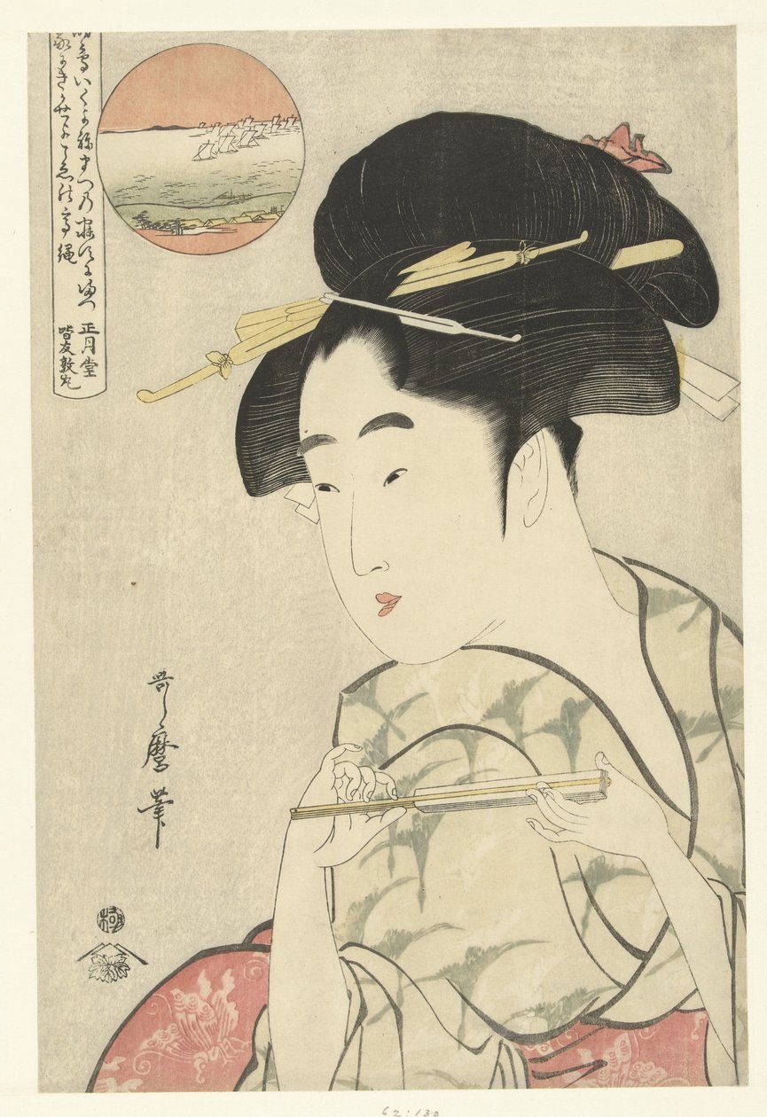 Popiersie portret młodej kobiety z wachlarzem autorstwa Kitagawa Utamaro