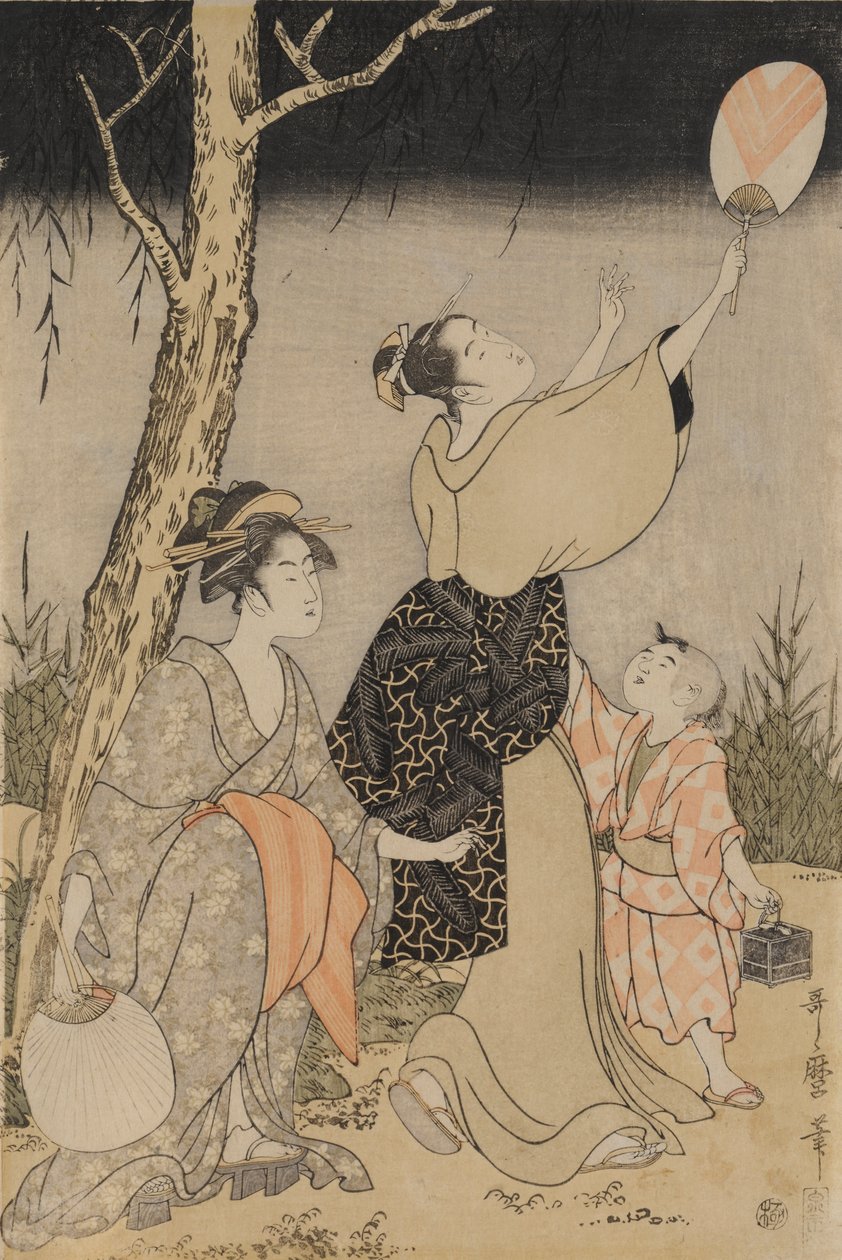 Łapanie świetlików pod wierzbą (po lewej) autorstwa Kitagawa Utamaro
