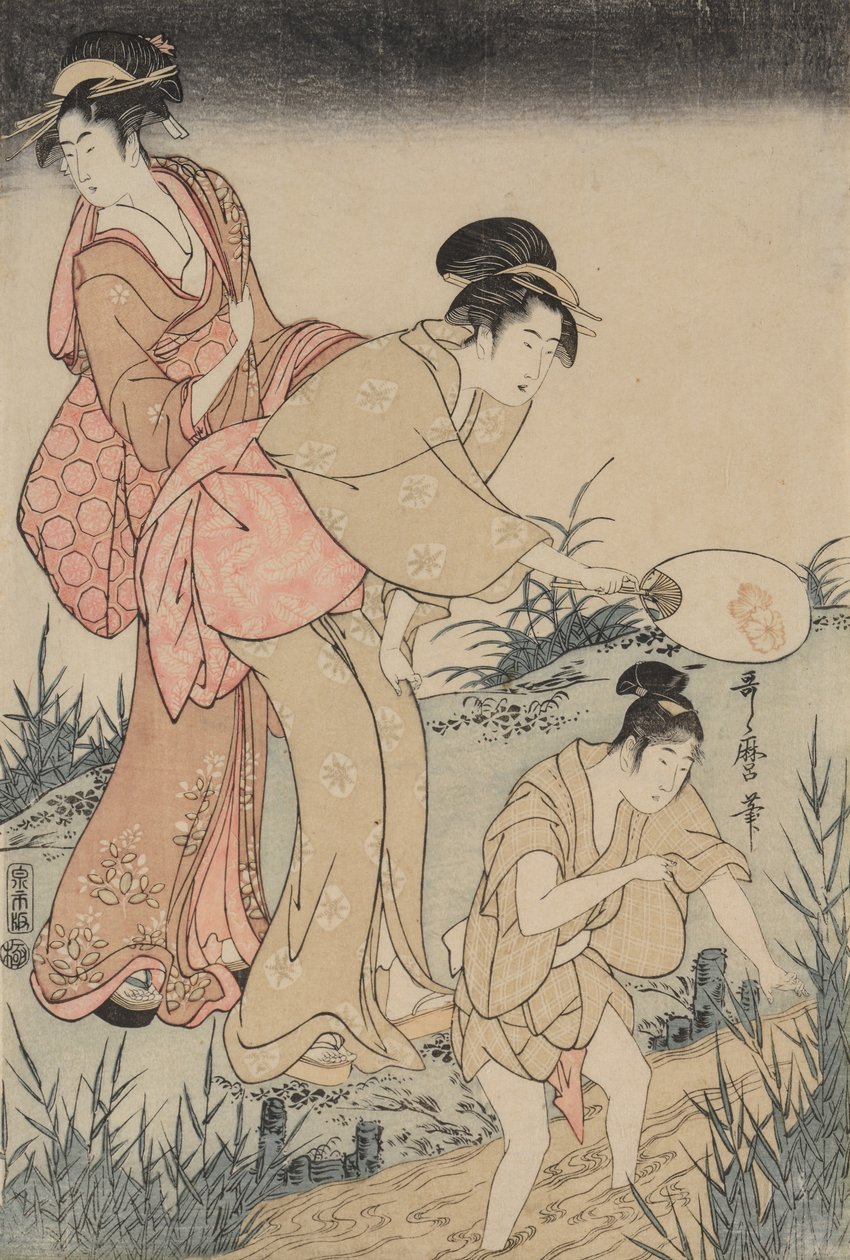 Łapanie świetlików pod wierzbą po prawej, ok. godz. 1796-1797. autorstwa Kitagawa Utamaro