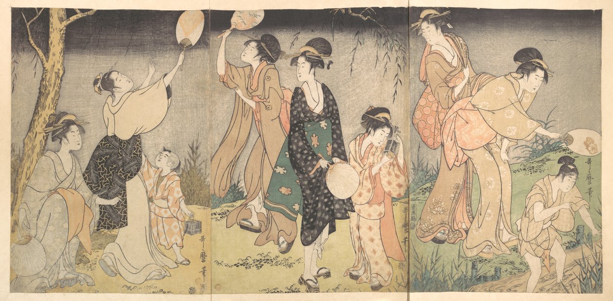 Łapanie świetlików (Hotaru gari) autorstwa Kitagawa Utamaro