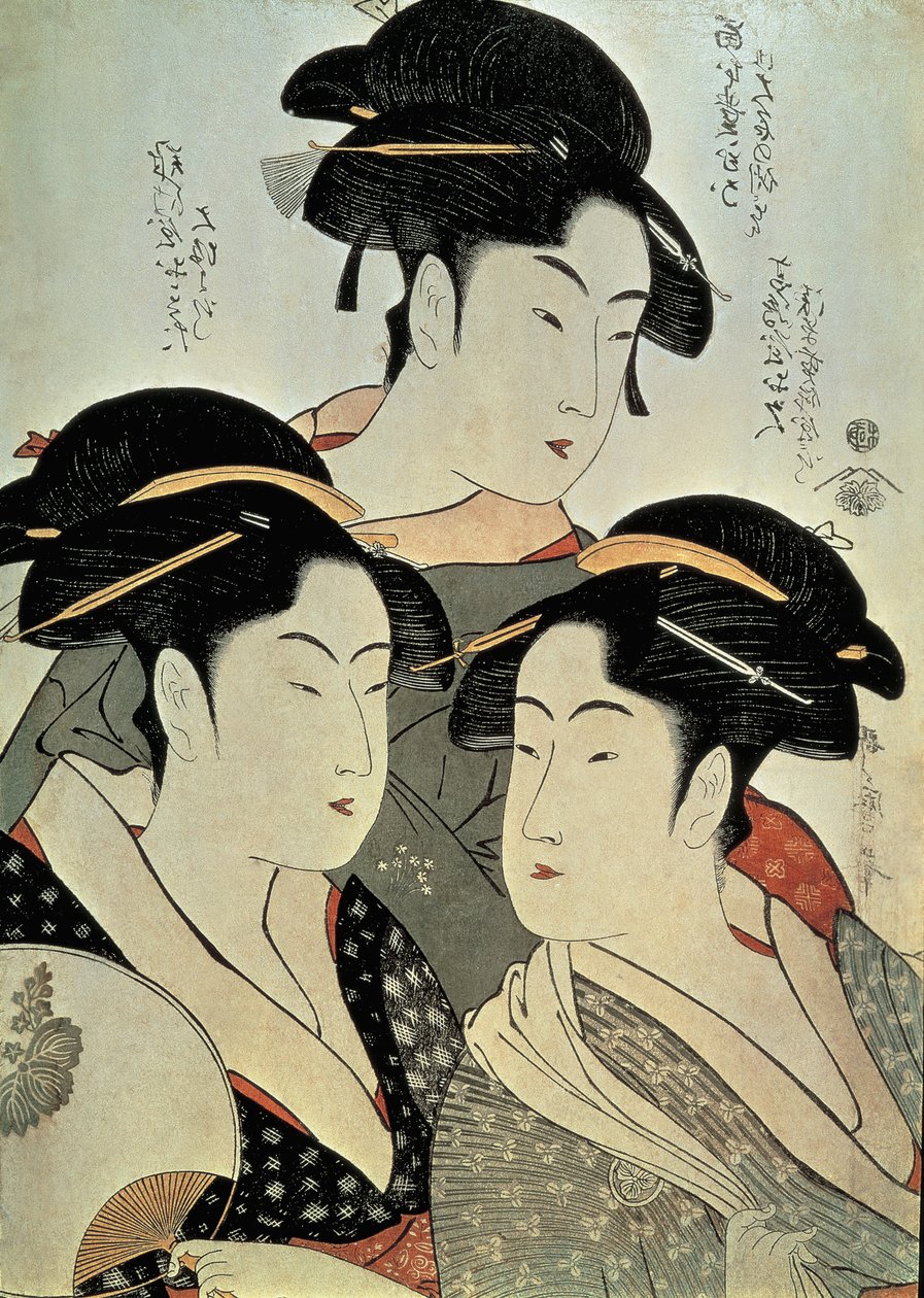 Zbliżenie obrazu przedstawiającego trzy kobiety, Kitagawa Utamaro, era Kansei, Japonia autorstwa Kitagawa Utamaro