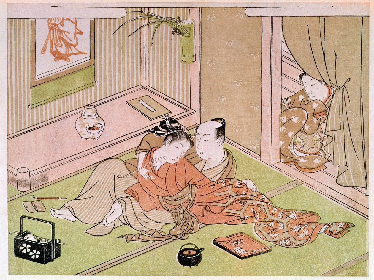 Para pieszcząca się pod okiem służebnej japońskiej grafiki autorstwa Utamaro Kitagawy (1753-1806). 18 wiek. Paryż, Muzeum Guimet, Narodowe Muzeum Sztuki Azjatyckiej autorstwa Kitagawa Utamaro