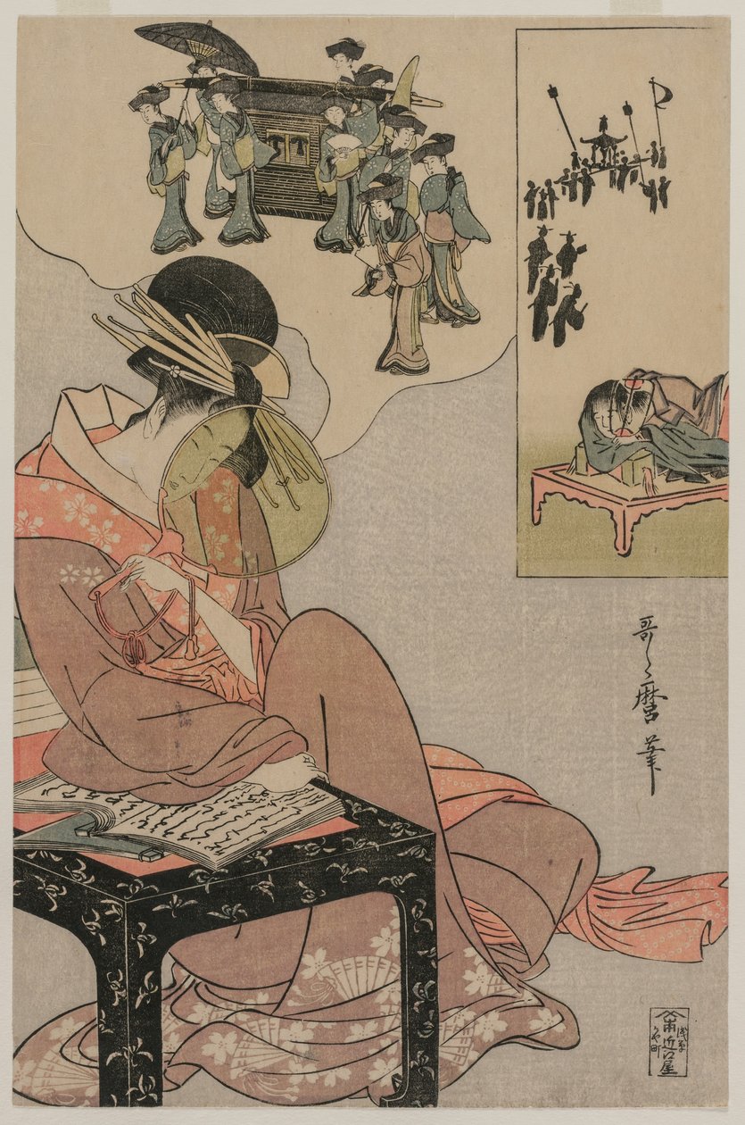 Kurtyzana śniąca o procesji weselnej, koniec lat 90. XVII wieku (kolorowy drzeworyt) autorstwa Kitagawa Utamaro