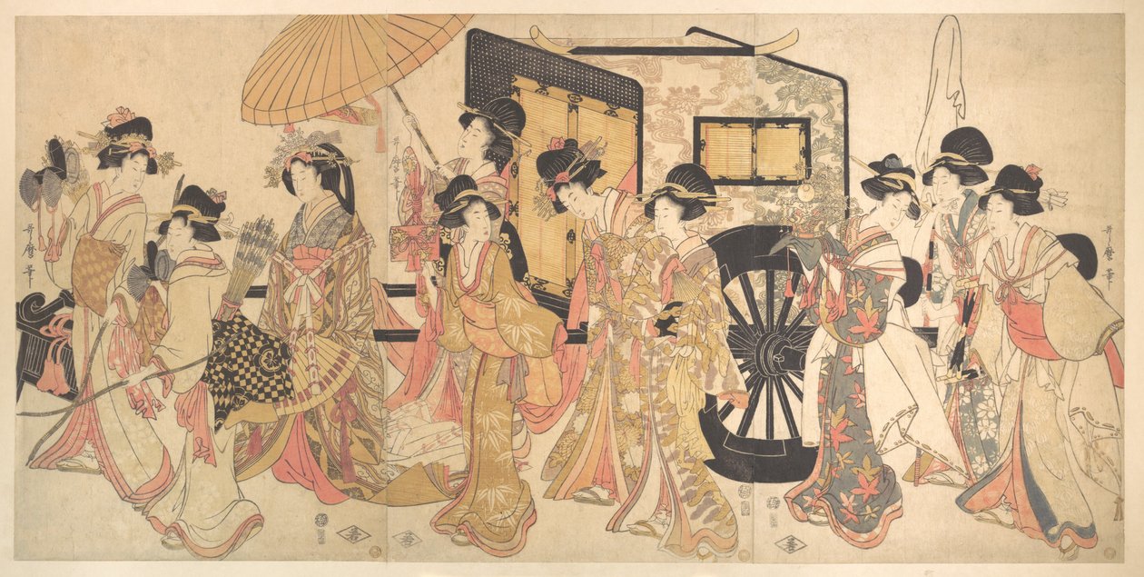 Kurtysanki naśladujące procesję dworską autorstwa Kitagawa Utamaro