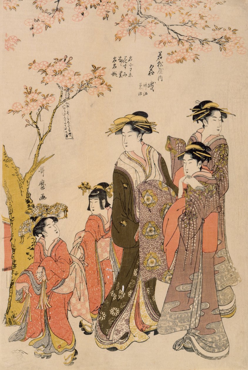 Kurtyzany spacerujące pod drzewami wiśni, ok. 1789 (odbitka drzeworytnicza) (detal z 203664) autorstwa Kitagawa Utamaro