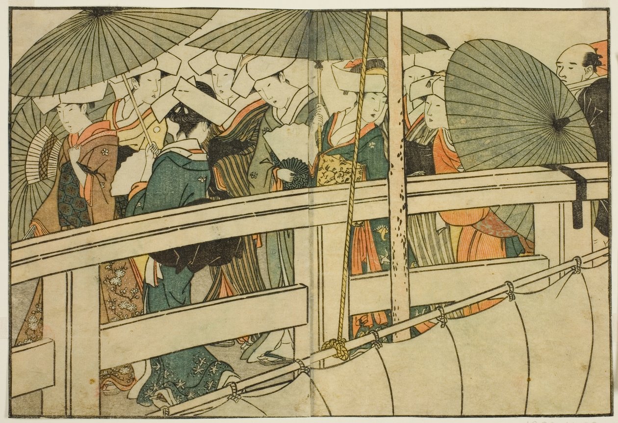 Przekraczając most latem, z ilustrowanej książki „Obrazek: Kwiaty czterech pór roku (Ehon shiki no hana),” tom. 1 autorstwa Kitagawa Utamaro