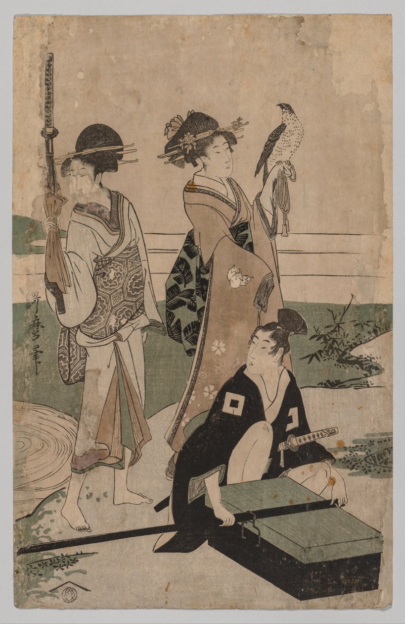 Daimio i jego orszak przekraczający strumień na równinie niedaleko Fuji, 1753-1806. autorstwa Kitagawa Utamaro