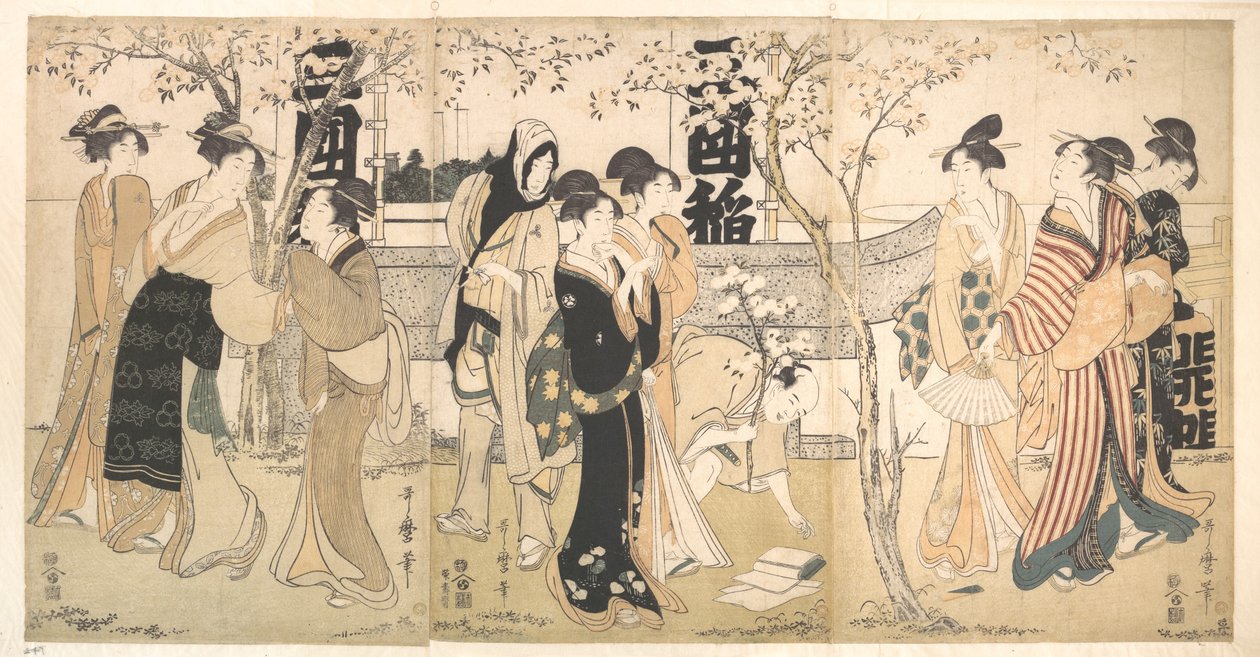 Wystawa skarbów w świątyni Mimeguri (Mimeguri jinja no onkaichō) autorstwa Kitagawa Utamaro