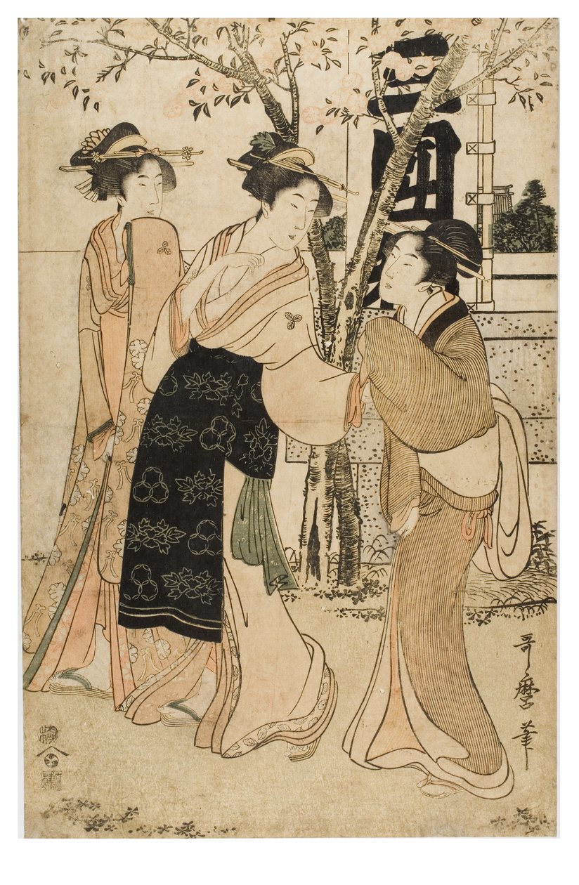Wystawa skarbów w świątyni Mimeguri autorstwa Kitagawa Utamaro