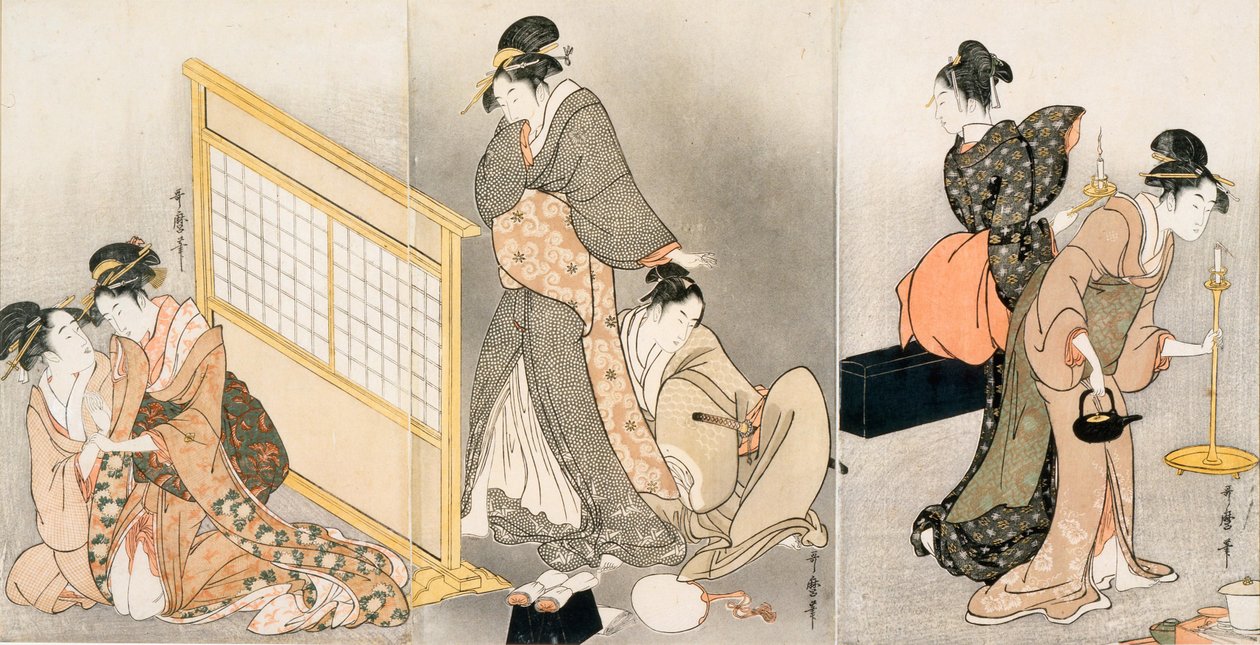 Podwójna poduszka. Tryptyk, ok. 1794 autorstwa Kitagawa Utamaro