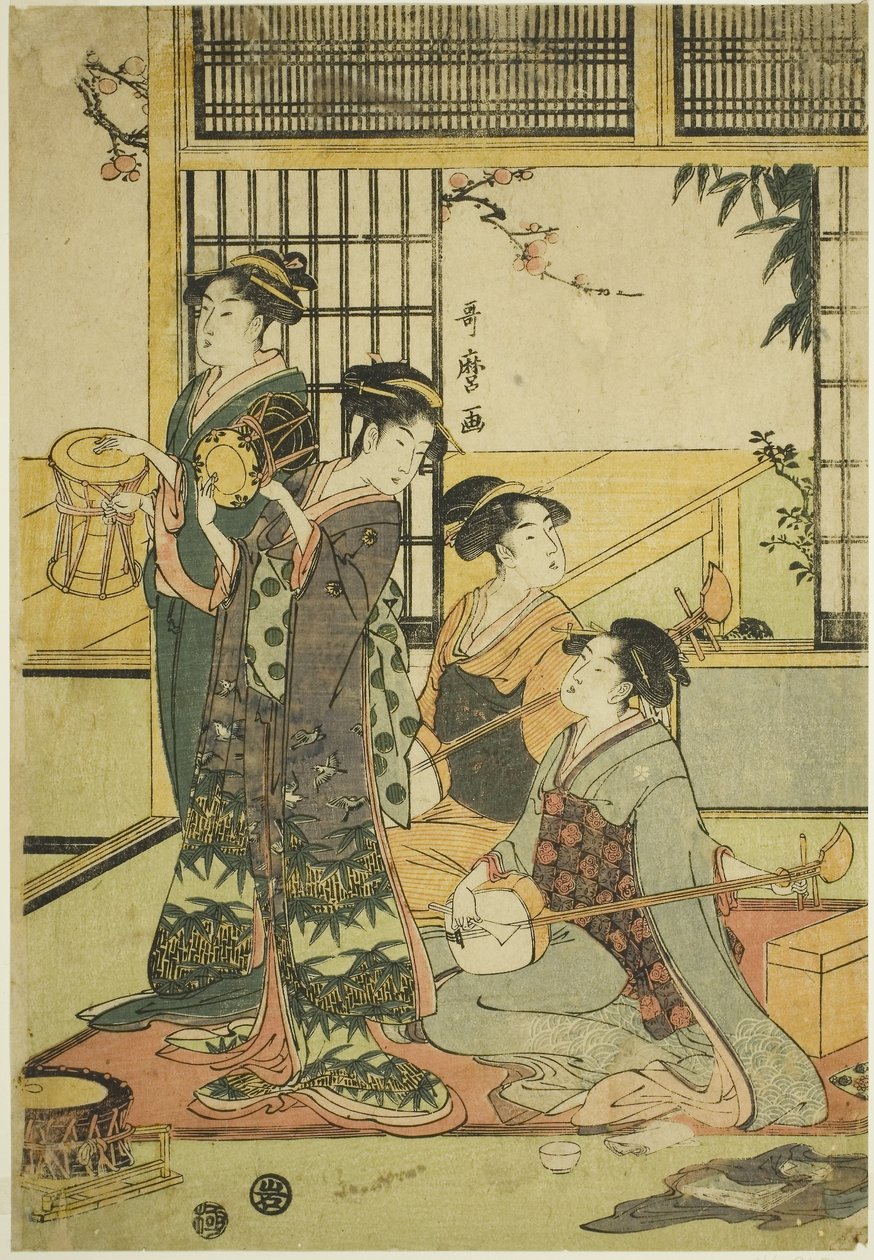 Drums and Shamisen (kolorowy drzeworyt; aiban) autorstwa Kitagawa Utamaro