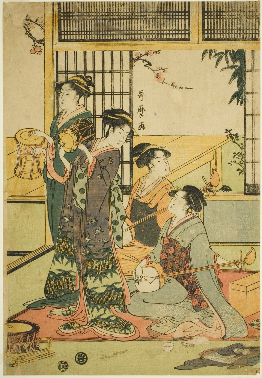 Bębny i Shamisen autorstwa Kitagawa Utamaro