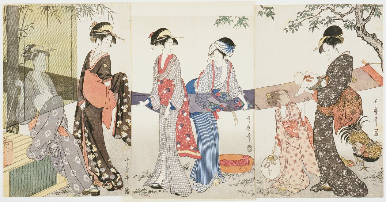Suszenie i rozciąganie tkaniny autorstwa Kitagawa Utamaro