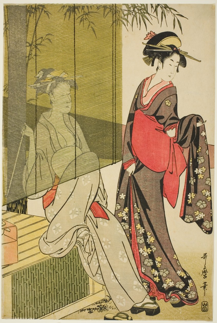 Suszenie i rozciąganie tkaniny autorstwa Kitagawa Utamaro