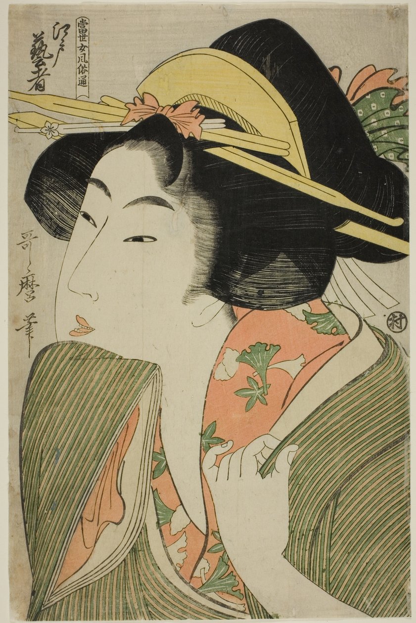 Gejsza Edo, z serii "Przewodnik po współczesnych stylach kobiecych (Tosei onna fuzoku tsu)" autorstwa Kitagawa Utamaro