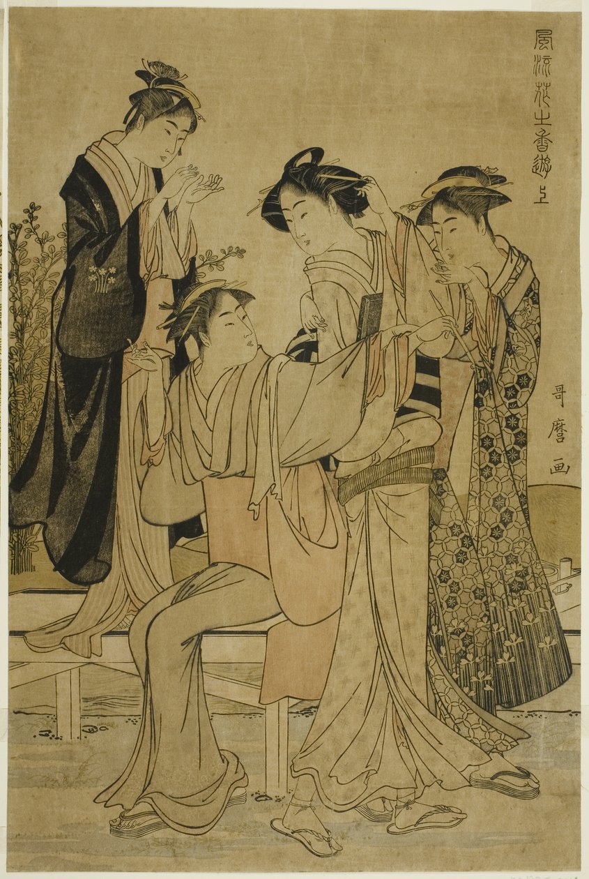 Eleganckie przyjemności: zapach kwiatów, po prawej (Furyu hana no ka asobi, jo) autorstwa Kitagawa Utamaro