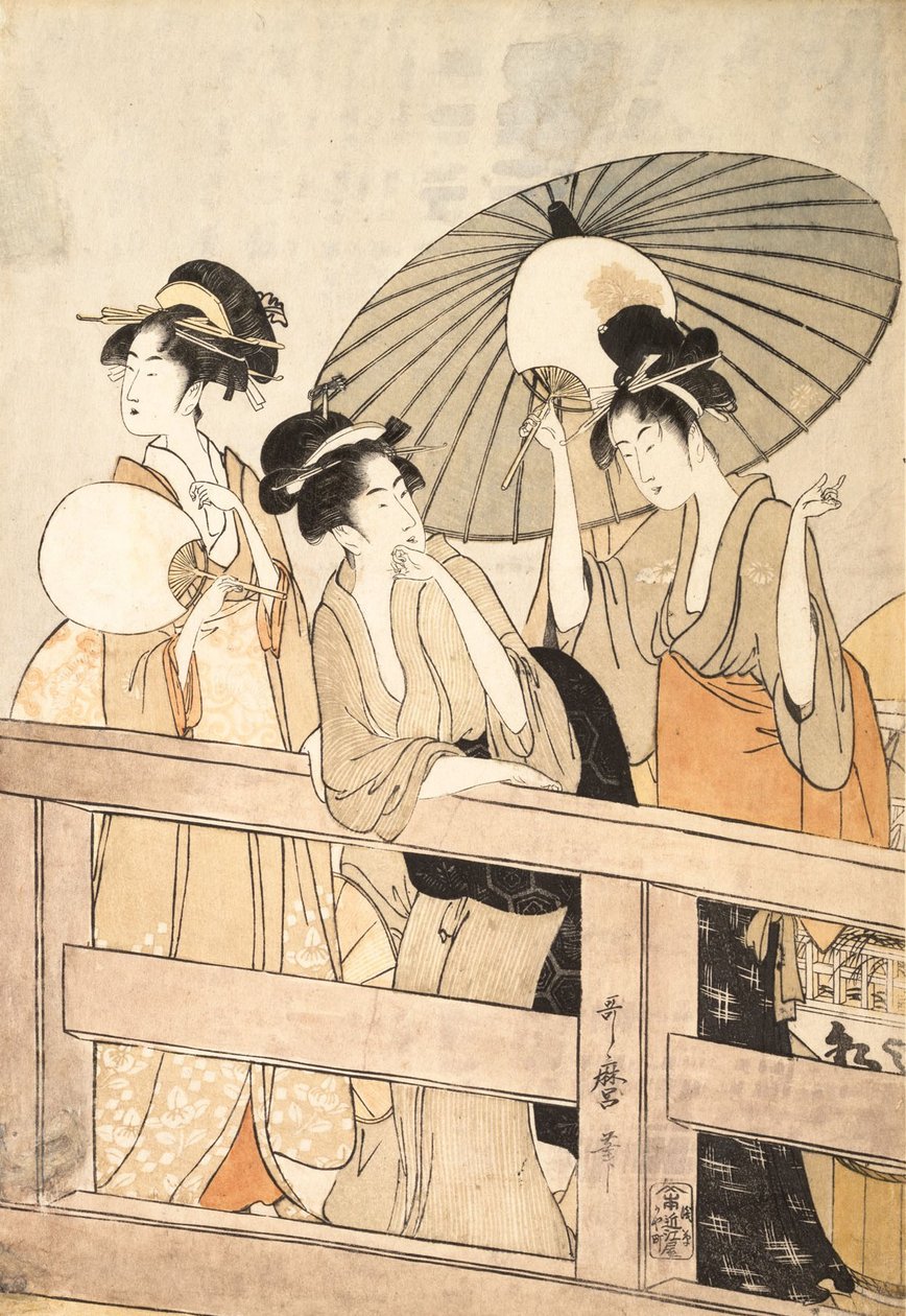 Ciesz się chłodną wieczorną bryzą na i pod mostem, ca. 1800. autorstwa Kitagawa Utamaro