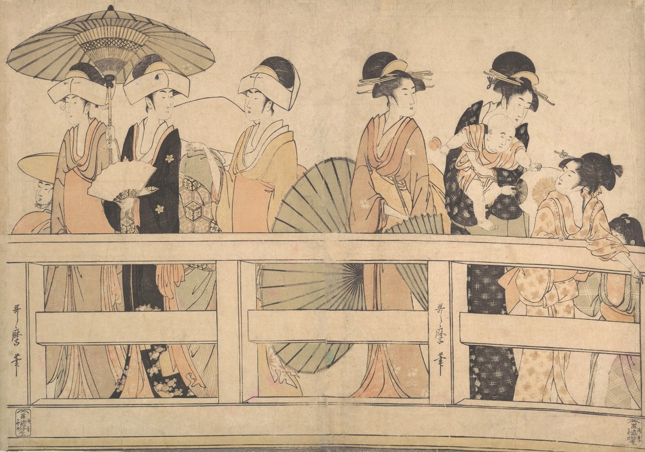 Ciesz się chłodną wieczorną bryzą na… moście, ok. godz. 1800. autorstwa Kitagawa Utamaro