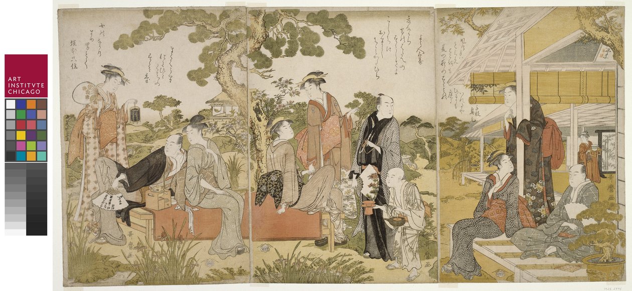 Ciesz się chłodem w ogrodzie, tryptyk Oban, ok. 1788-90 autorstwa Kitagawa Utamaro