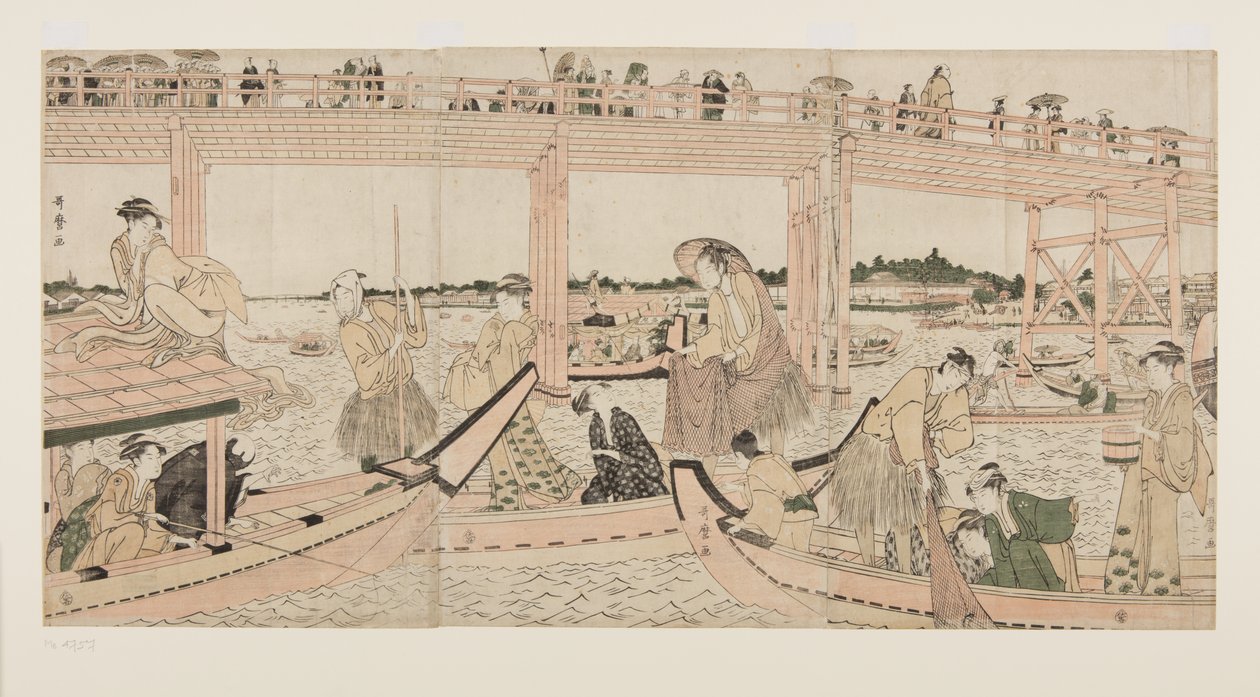 Łodzie rybackie z sieciami pod mostem Ry?goku (kolorowy drzeworyt) autorstwa Kitagawa Utamaro
