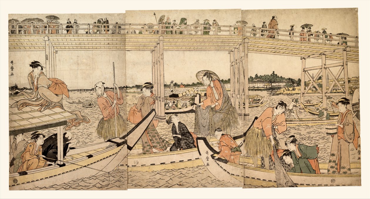 Łodzie rybackie z sieciami pod mostem Ryōgoku autorstwa Kitagawa Utamaro