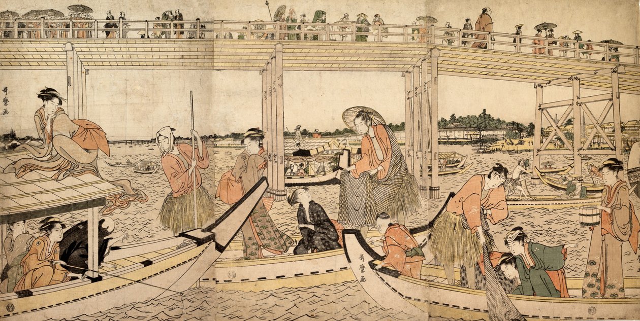 Łodzie rybackie z sieciami pod mostem Ryogoku, lata 90. XVIII wieku. autorstwa Kitagawa Utamaro