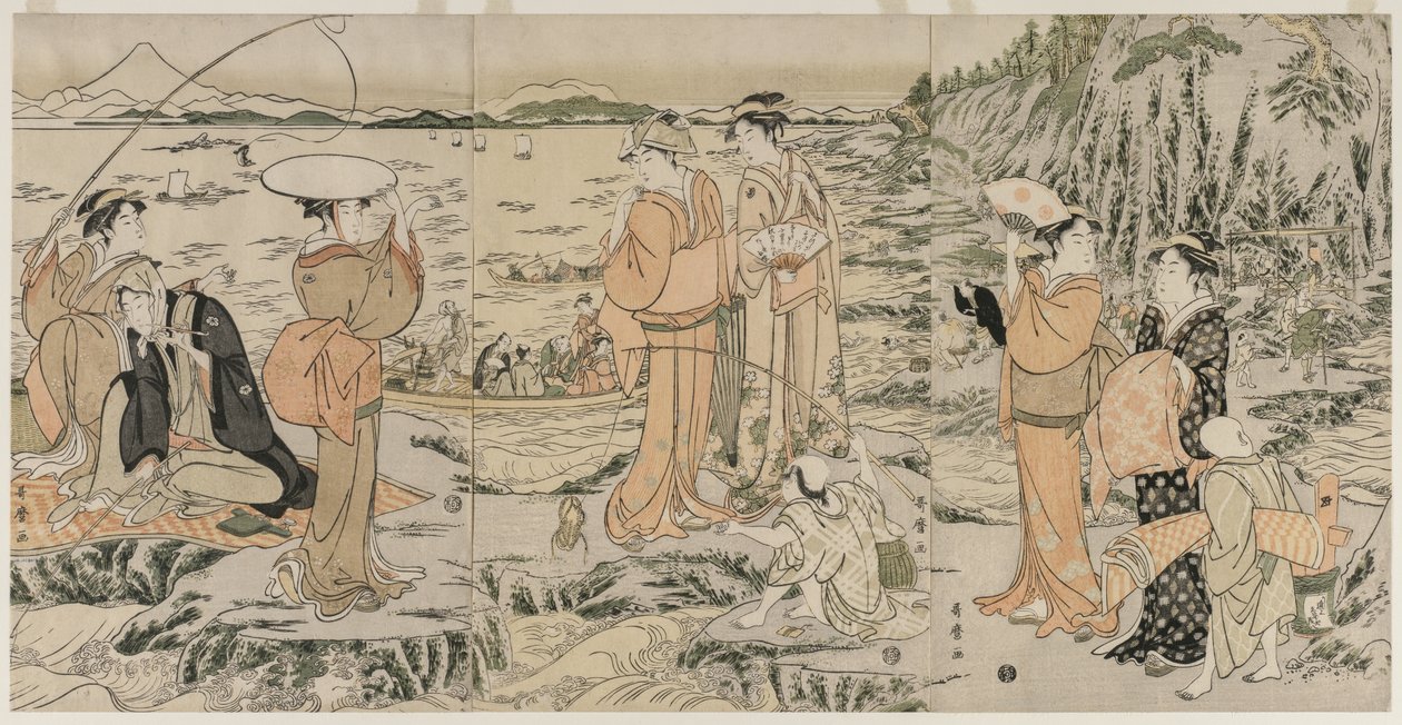 Łowienie ryb na skale deski do krojenia w Enoshima autorstwa Kitagawa Utamaro
