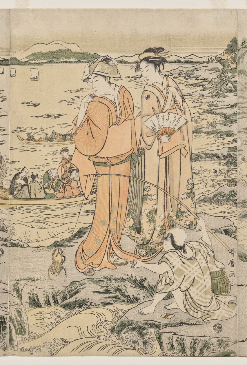Łowienie ryb na skale deski do krojenia w Enoshima autorstwa Kitagawa Utamaro