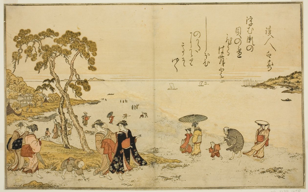 Zbieranie muszli podczas odpływu, z ilustrowanej książki „Prezenty z odpływu (Shiohi no tsuto)” autorstwa Kitagawa Utamaro